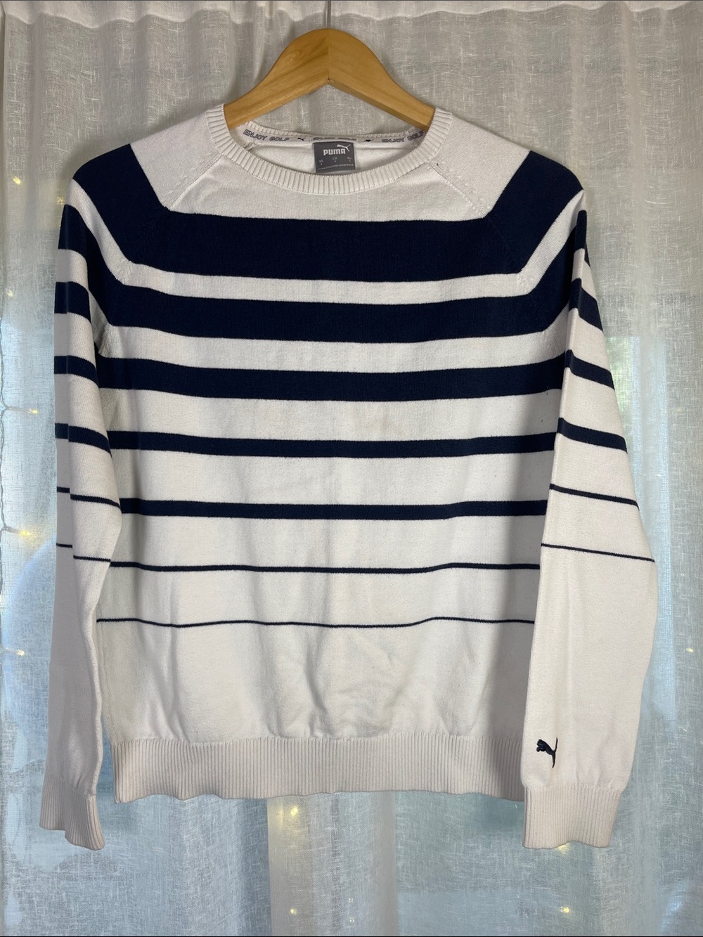 Puma White and Navy Striped Crew Sweater